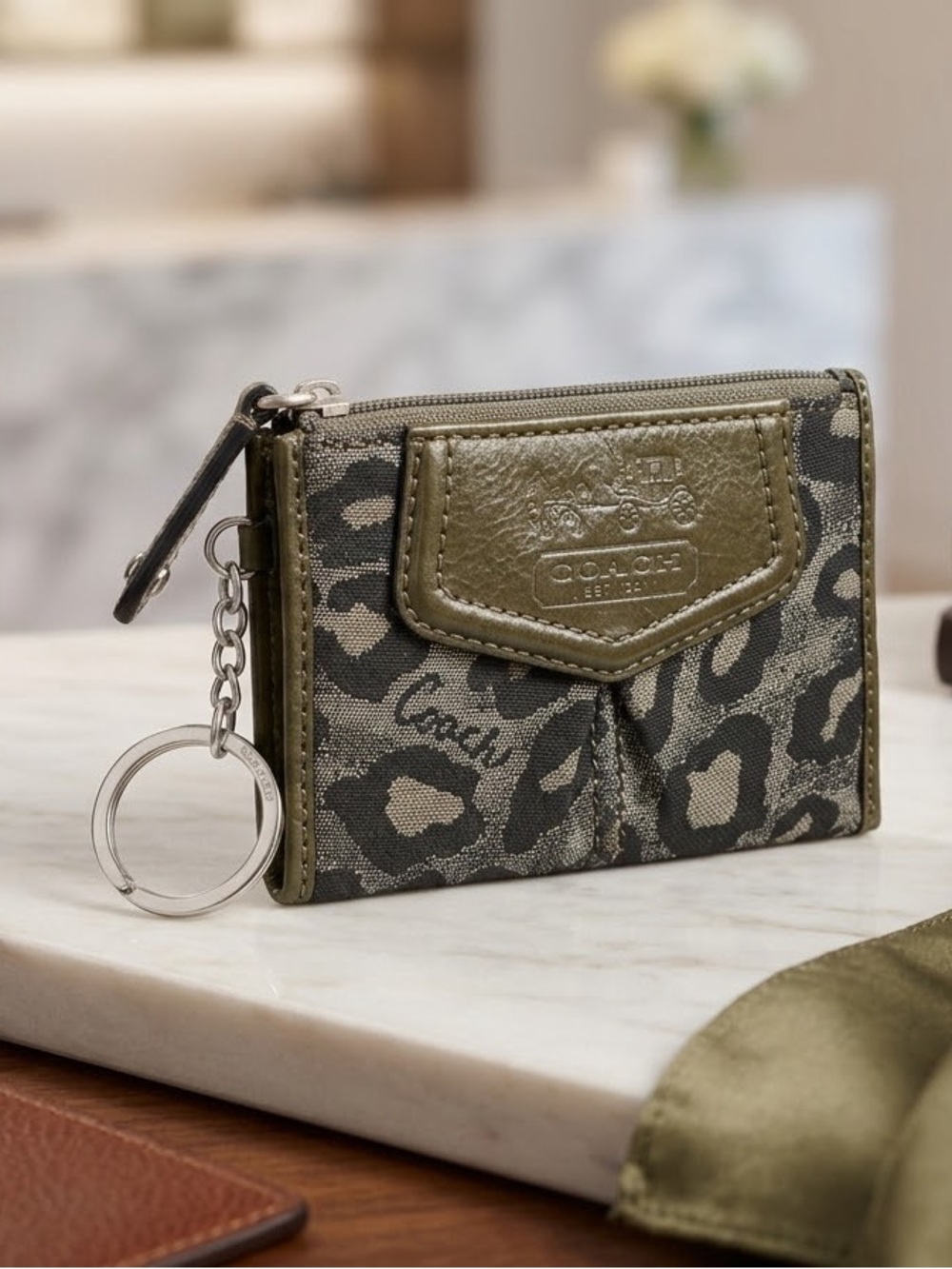 Coach Mini Skinny ID Case Wallet Metallic Ocelot Leopard Print Key Ring